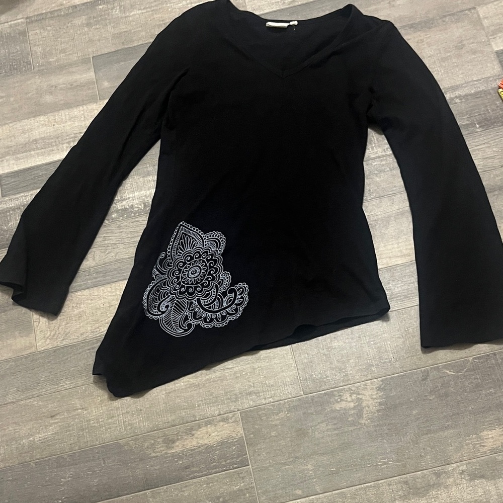 Chic Black Long Sleeve Top with Intricate Embroidery Look Detail